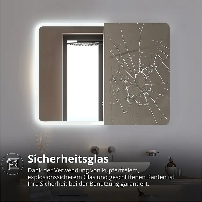 Lumoire Lichtspiegel ELYSIUM - 100 x 60 cm - Beleuchteter rechteckiger Spiegel mit intakter und gesplitterter Seite, demonstriert Sicherheitsglas im Bad.