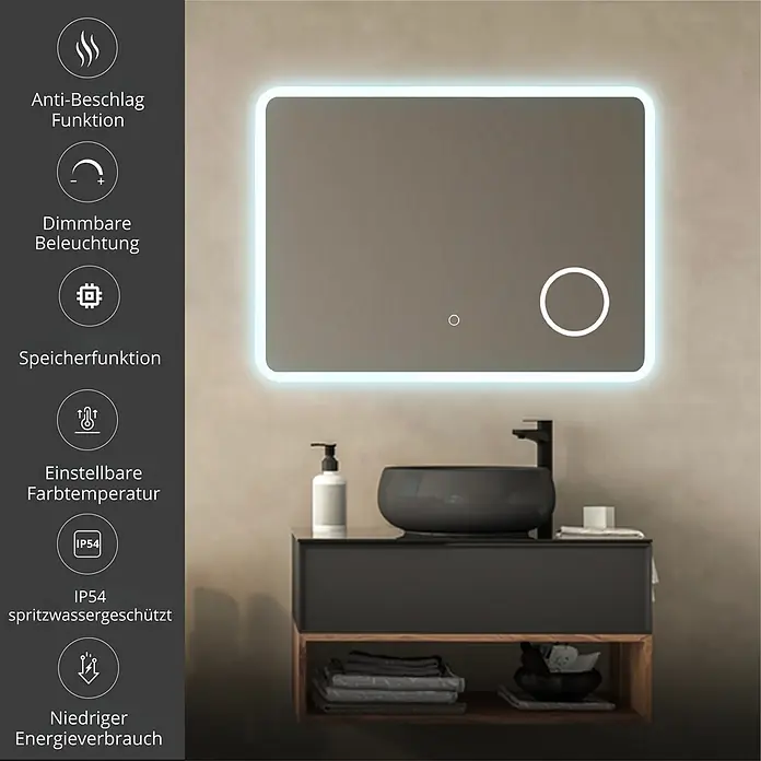 Lumoire Lichtspiegel ELYSIUM - 100 x 60 cm - Rechteckiger LED-Badezimmerspiegel mit Hintergrundbeleuchtung und Bedientasten, über einem modernen dunkelgrauen Waschtisch mit schwarzem Waschbecken installiert.