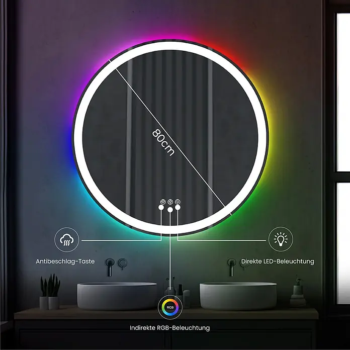Lumoire Lichtspiegel MATRIX1 -  - Runder 80 cm Badezimmerspiegel mit dimmbarer direkter und RGB-indirekter LED-Beleuchtung, Antifog-Funktion und Touch-Bedienung über Waschbecken.