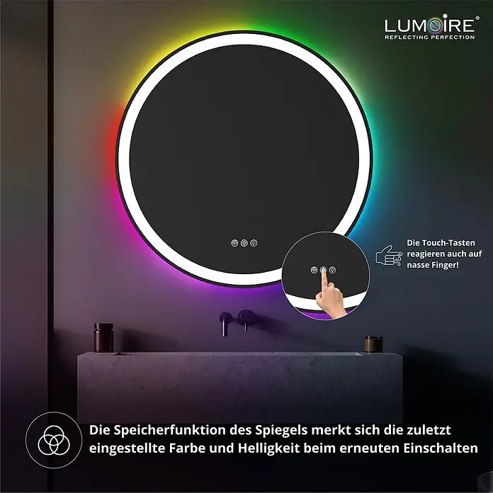 Lumoire Lichtspiegel MATRIX1 -  - Runder LED-Spiegel mit farbiger RGB-Beleuchtung und Touch-Bedienelementen über einem modernen Waschbecken.