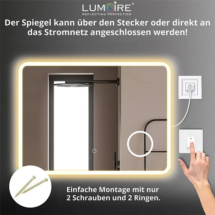 Lumoire Lichtspiegel ELYSIUM - 100 x 60 cm - Rechteckiger LED-Spiegel mit beleuchtetem Rand, steckerfertig oder zum Festanschluss, einfache Montage.