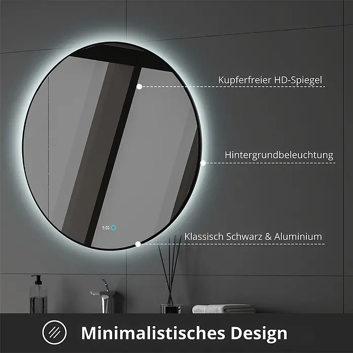 Lumoire Lichtspiegel NEON - 100 x 3 cm - Runder, schwarzer Badspiegel mit Hintergrundbeleuchtung, digitaler Uhr, kupferfreiem HD-Glas und Aluminiumrahmen über dem Waschbecken.