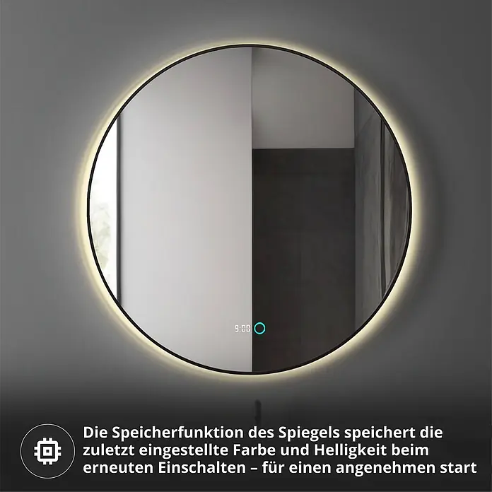 Lumoire Lichtspiegel NEON - 100 x 3 cm - Runder LED-Spiegel mit Hintergrundbeleuchtung, digitaler Uhranzeige '9:00' und Touch-Bedienfeld.