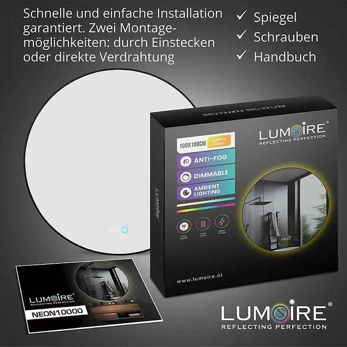 Lumoire Lichtspiegel NEON - 100 x 3 cm - Runder LUMOIRE LED-Smartspiegel mit Digitalanzeige, gezeigt mit Produktverpackung, die Antibeschlag-, Dimm- und Umgebungslichtfunktionen hervorhebt.