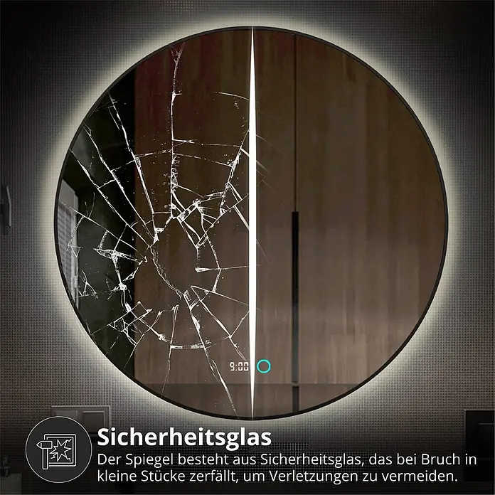 Lumoire Lichtspiegel NEON - 100 x 3 cm - Runder LED-Spiegel aus Sicherheitsglas, der im Bruchfall in kleine, sichere Stücke zerfällt, um Verletzungen zu vermeiden.