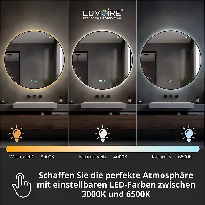 Lumoire Lichtspiegel NEON - 100 x 3 cm - Runder LED-Spiegel mit einstellbaren Lichtfarben (3000K, 4000K, 6500K) in einem modernen Badezimmer.