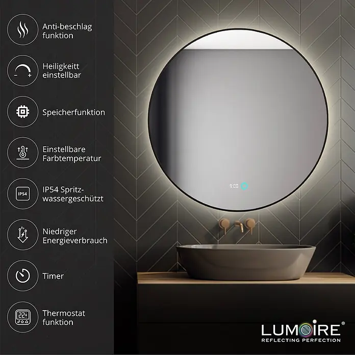Lumoire Lichtspiegel NEON - 100 x 3 cm - Runder LED-Badezimmerspiegel mit Hintergrundbeleuchtung, über einem Waschbecken, mit Anti-Beschlag- und einstellbarer Lichtfunktion.