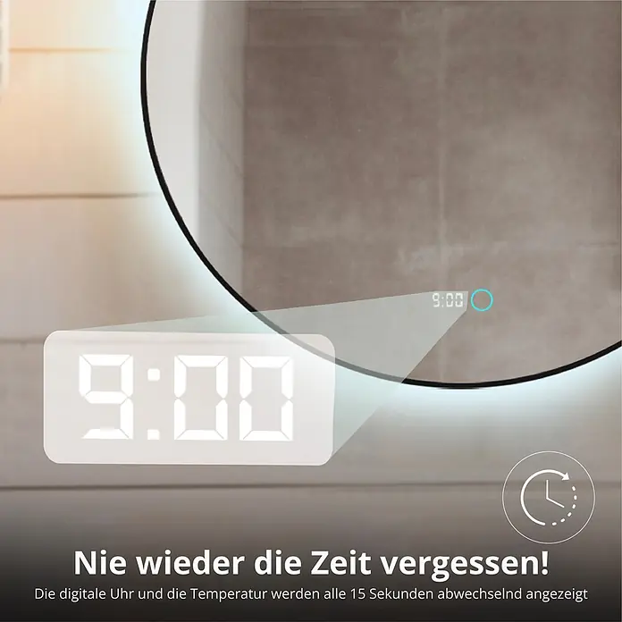 Lumoire Lichtspiegel NEON - 100 x 3 cm - Runder LED-Badezimmerspiegel mit digitaler Zeitanzeige (9:00) in einem Badezimmer.