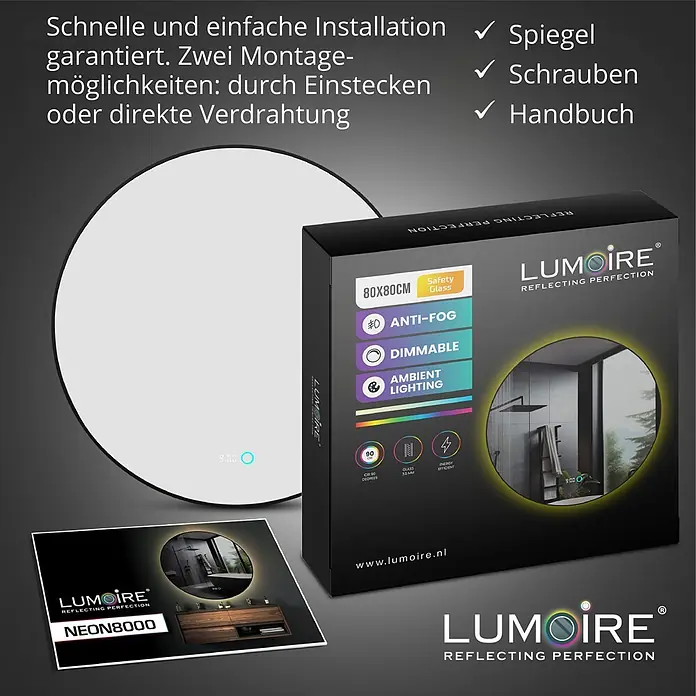 Lumoire Lichtspiegel NEON - 80 x 3 cm - Runder LED-Badezimmerspiegel mit Anti-Beschlag, dimmbarer und Umgebungsbeleuchtung sowie Digitaluhr, abgebildet mit seiner Produktverpackung.
