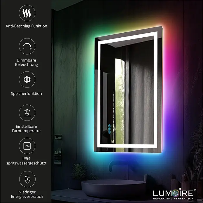 Lumoire Lichtspiegel MATRIX1 -  - Rechteckiger Smart-Spiegel mit mehrfarbiger LED-Beleuchtung, über modernem Waschbecken. Anti-Beschlag, dimmbar, einstellbare Farbtemperatur.