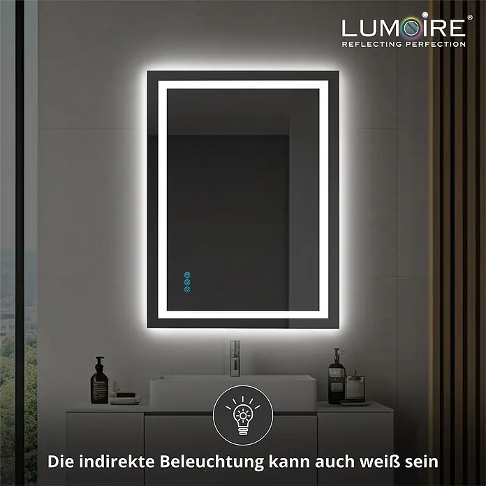 Lumoire Lichtspiegel MATRIX1 -  - Rechteckiger LED-Badezimmerspiegel mit indirekter weißer Beleuchtung über einem modernen Waschbecken.