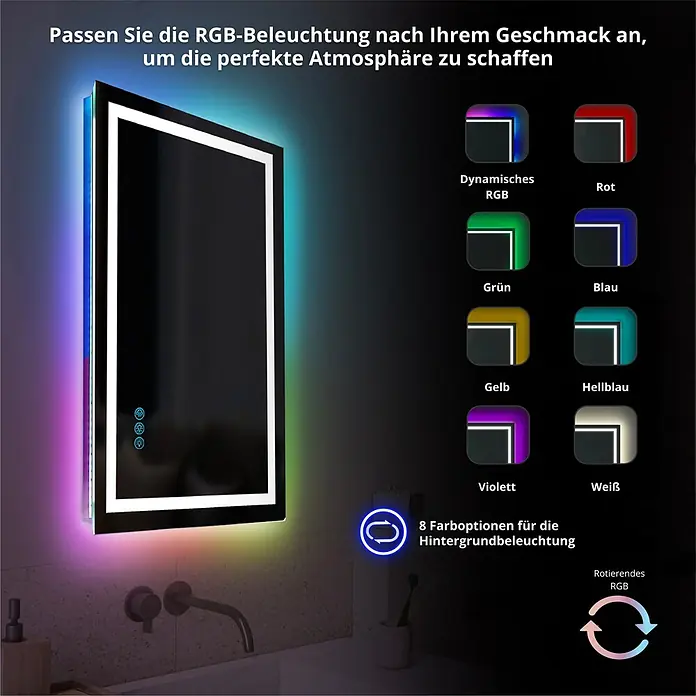 Lumoire Lichtspiegel MATRIX1 -  - LED-Badezimmerspiegel mit anpassbarer RGB-Hintergrundbeleuchtung und dynamischen Farboptionen.
