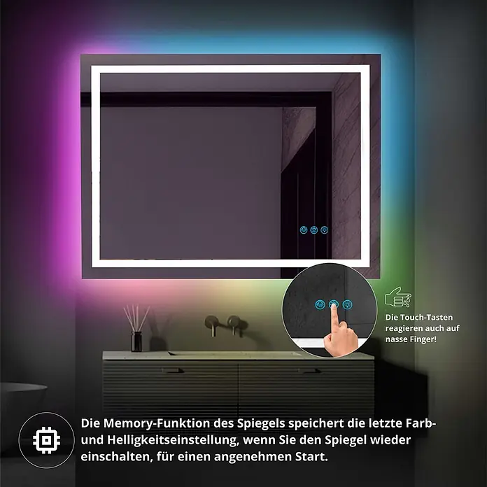 Lumoire Lichtspiegel MATRIX1 -  - Rechteckiger LED-Spiegel mit weißem Lichtrahmen, farbiger Hintergrundbeleuchtung und Touch-Steuerung im Bad.