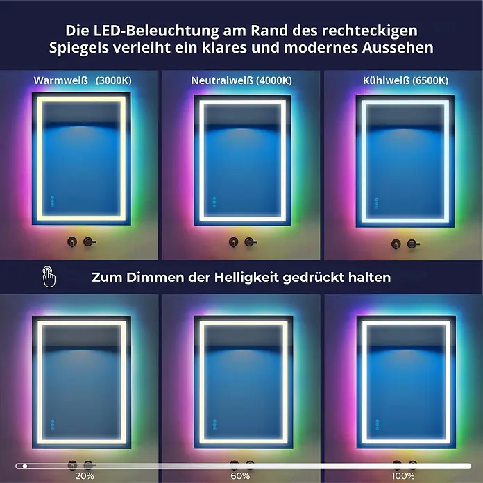 Lumoire Lichtspiegel MATRIX1 -  - Rechteckiger LED-Spiegel mit einstellbarer Farbtemperatur (Warm-, Neutral-, Kaltweiß) und dimmbarer Helligkeit (20 %, 60 %, 100 %).