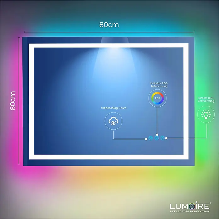 Lumoire Lichtspiegel MATRIX1 -  - Rechteckiger LED-Spiegel (80x60cm) mit direkter LED-, indirekter RGB-Beleuchtung und Antibeschlagfunktion.