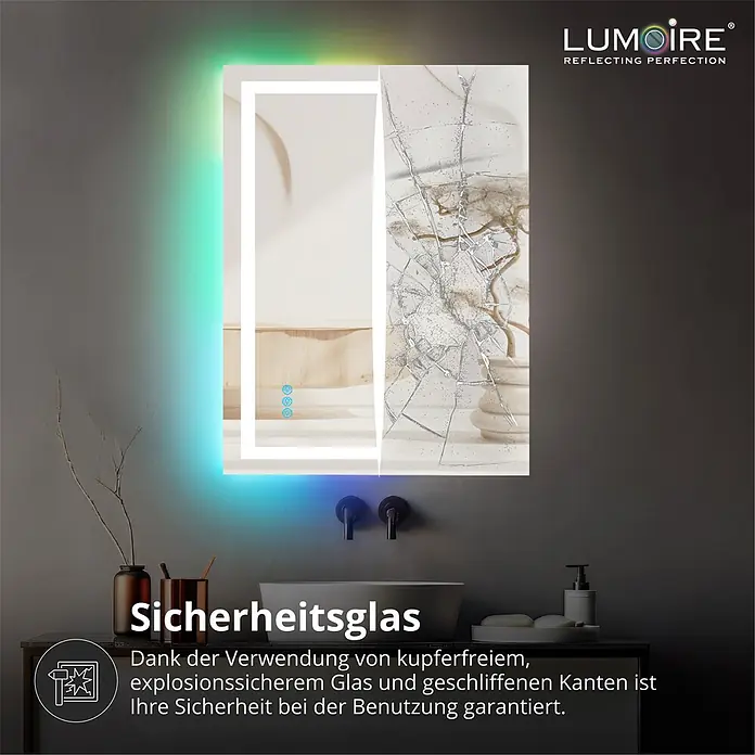 Lumoire Lichtspiegel MATRIX1 -  - LED-Badezimmerspiegel zeigt Sicherheitsglas: eine Hälfte intakt und beleuchtet, die andere zersplittert, aber zusammenhaltend.