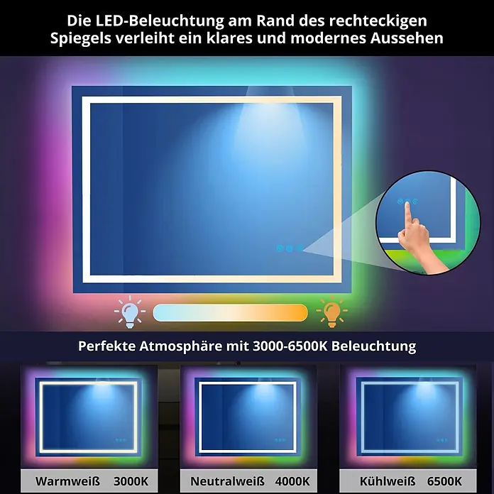 Lumoire Lichtspiegel MATRIX1 -  - Rechteckiger LED-Spiegel mit Randbeleuchtung und einstellbarer Farbtemperatur von 3000K bis 6500K.