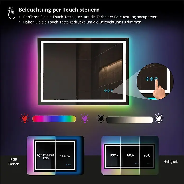Lumoire Lichtspiegel MATRIX1 -  - Rechteckiger Badezimmerspiegel mit berührungsgesteuerter RGB-LED-Hintergrundbeleuchtung, zeigt Farb- und Dimmfunktionen.