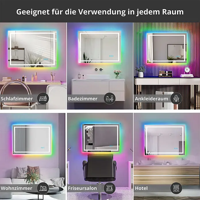 Lumoire Lichtspiegel MATRIX1 -  - Rechteckiger LED-Spiegel mit farbiger RGB-Hintergrundbeleuchtung und Touch-Steuerung, in einer Collage verschiedener Räume gezeigt.