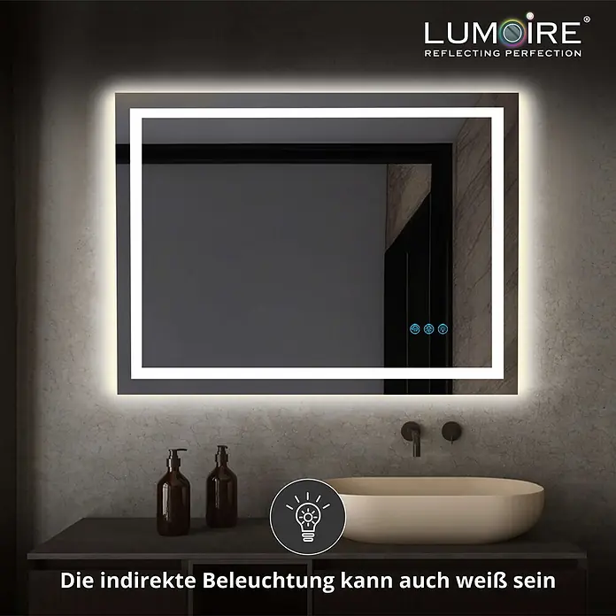 Lumoire Lichtspiegel MATRIX1 -  - Rechteckiger LED-Spiegel mit indirekter weißer Hintergrundbeleuchtung, über einem Waschbecken im Badezimmer montiert.