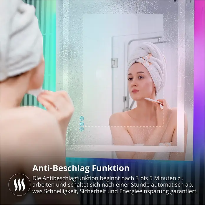 Lumoire Lichtspiegel MATRIX1 -  - Badezimmerspiegel mit Antibeschlagfunktion, von einer Frau zur Hautpflege genutzt, zeigt klares Spiegelbild in dampfiger Umgebung.