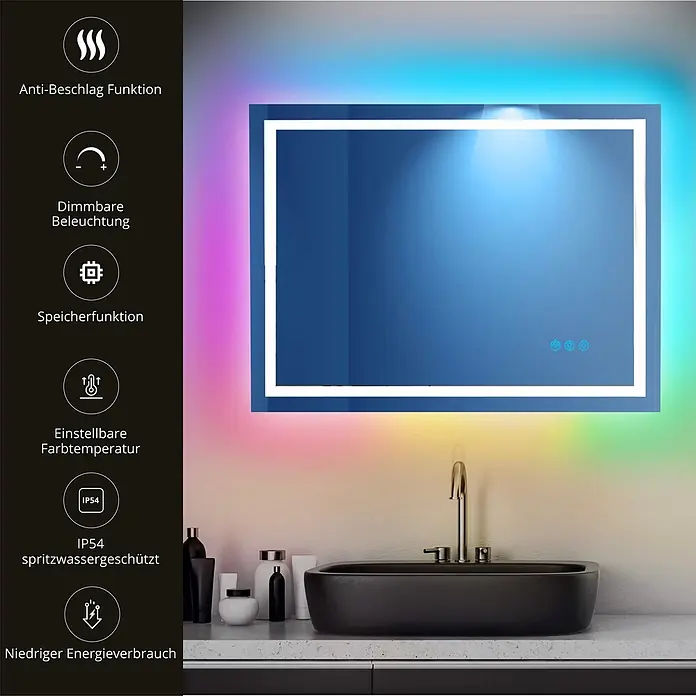 Lumoire Lichtspiegel MATRIX1 -  - Rechteckiger LED-Badezimmerspiegel mit Antibeschlag, dimmbarer und farbwechselnder Beleuchtung, über schwarzem Waschbecken.