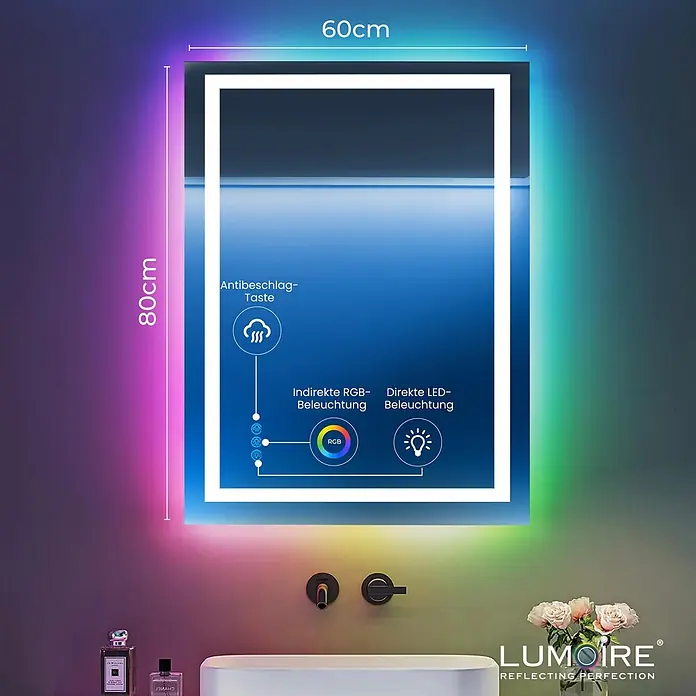 Lumoire Lichtspiegel MATRIX1 -  - Rechteckiger LED-Spiegel (60x80cm) mit Antibeschlag, indirekter RGB- und direkter LED-Beleuchtung.