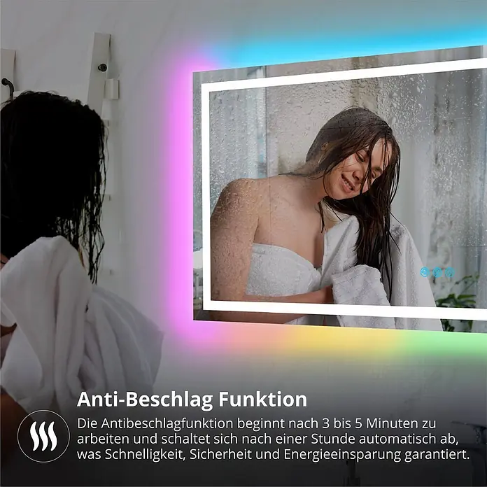 Lumoire Lichtspiegel MATRIX1 -  - Beleuchteter Badspiegel mit aktiver Antibeschlagfunktion, der eine Frau in einem dampfenden Badezimmer reflektiert.