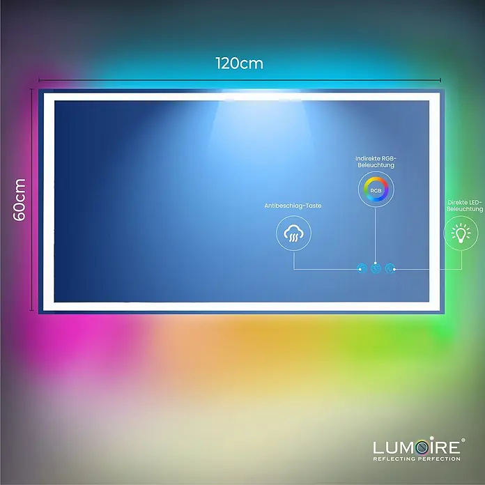 Lumoire Lichtspiegel MATRIX1 -  - Rechteckiger Spiegel (120x60cm) mit Touch-Bedienung für direkte LED- und indirekte RGB-Beleuchtung sowie Antibeschlagfunktion.