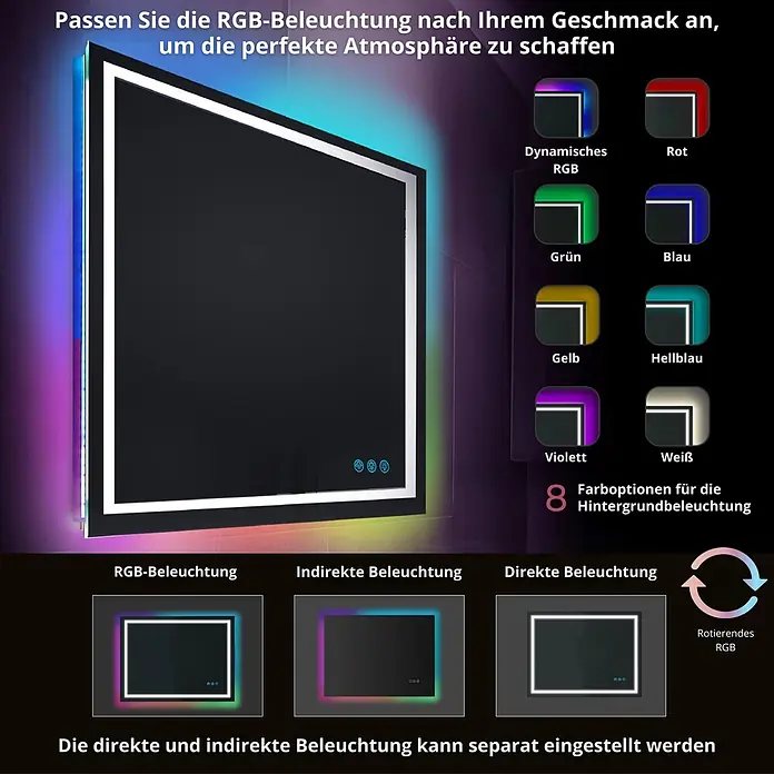 Lumoire Lichtspiegel MATRIX1 -  - Rechteckiger LED-Spiegel mit Touch-Steuerung, anpassbarer RGB-Hintergrundbeleuchtung und direkter weißer Beleuchtung.
