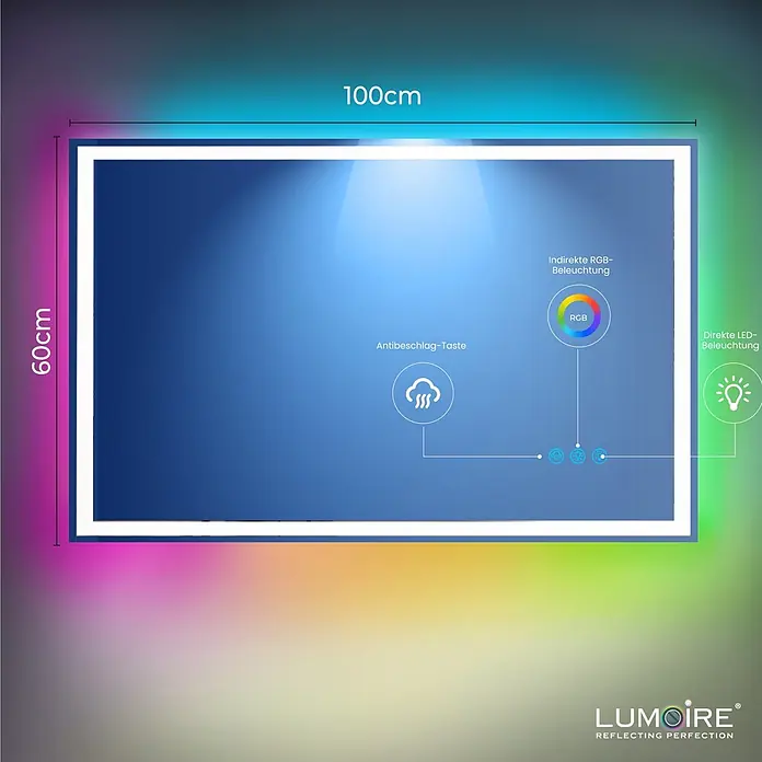 Lumoire Lichtspiegel MATRIX1 -  - Rechteckiger LED-Spiegel, 100x60cm, mit indirekter RGB- und direkter LED-Beleuchtung sowie Antibeschlagfunktion.