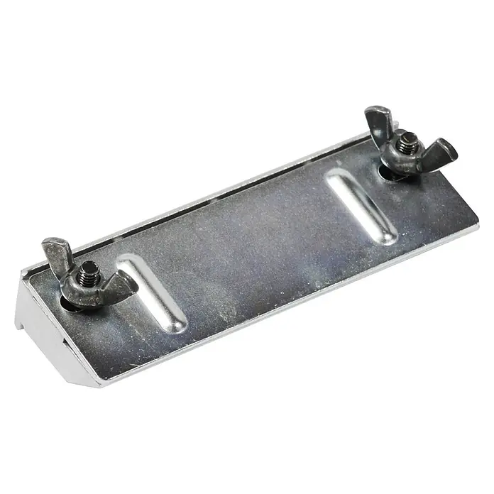 Makita Elektrohobel 1806B - 1.200 W, Hobeltiefe: 0 mm - 2 mm, Leerlaufdrehzahl: 15.000 U/min - Silberne Metallhalterung mit zwei Flügelmuttern und Schrauben.