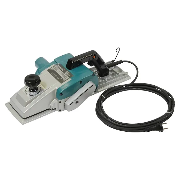 Makita Elektrohobel 1806B - 1.200 W, Hobeltiefe: 0 mm - 2 mm, Leerlaufdrehzahl: 15.000 U/min - Makita 1806B Elektrohobel in Türkis und Grau mit schwarzem Griff, Tiefenverstellknopf und aufgerolltem Stromkabel.