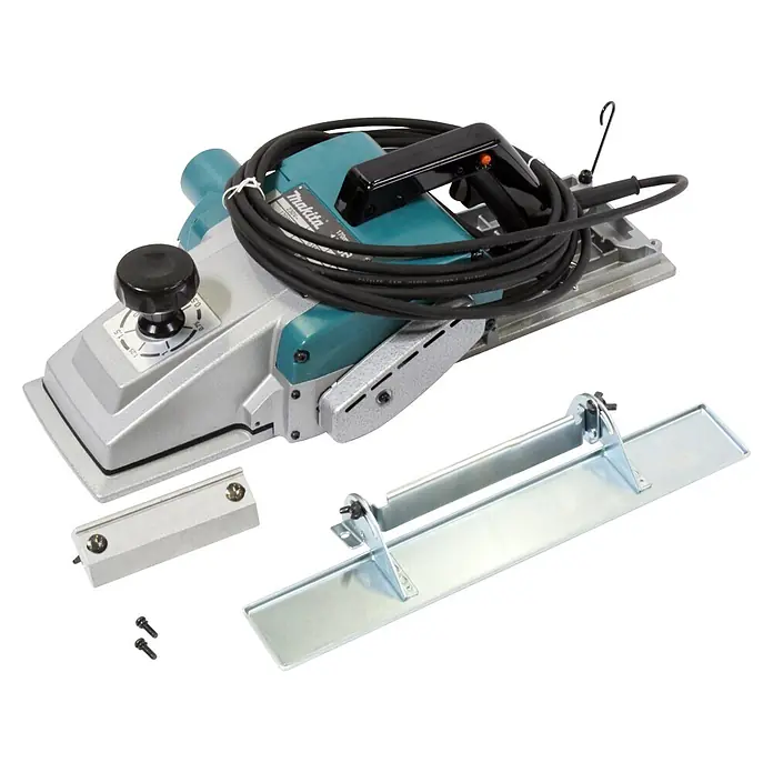 Makita Elektrohobel 1806B - 1.200 W, Hobeltiefe: 0 mm - 2 mm, Leerlaufdrehzahl: 15.000 U/min - Makita Elektrohobel (türkis/silber) mit Tiefenregler, Netzkabel und zwei Metallführungen mit Schrauben.