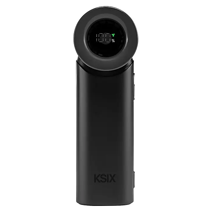 Ksix Ventilador de batería de mano AirGo Turbo KSIX Negro - 4 W, Negro, Duración de la batería: 2 h - 8 h - Dispositivo portátil KSIX cilíndrico negro con pantalla que muestra '100 %' y un icono verde.