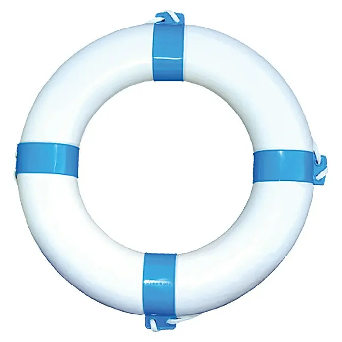 Talamex RettungsringBlau/Weiß, Außendurchmesser: 57 cm, Innendurchmesser: 34 cm - Ein weißer Rettungsring mit blauen Streifen, ein unverzichtbares Sicherheitsutensil für Boote und Schwimmbäder.