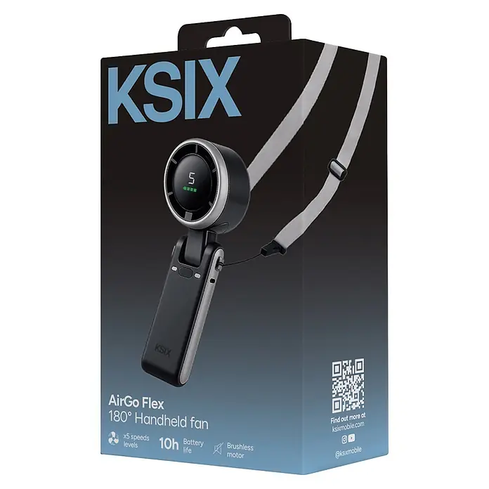 Ksix Ventilador USB de mano Flex 5 Negro KSIX - 5,2 x 6 x 17,1 cm, Duración de la batería: 2 h - 10 h - Ventilador de mano KSIX AirGo Flex 180°, negro y gris, con pantalla digital de velocidad '5' y batería, incluye correa gris claro.