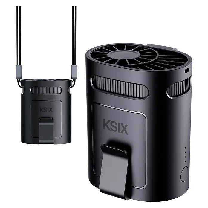 Ventilador USB colgante Airgo Belt 4 - Duración de la batería: 1 h - 8 h - Ventilador/purificador personal cilíndrico negro con rejilla superior, ranuras laterales, logo KSIX, clip trasero y cordón negro.
