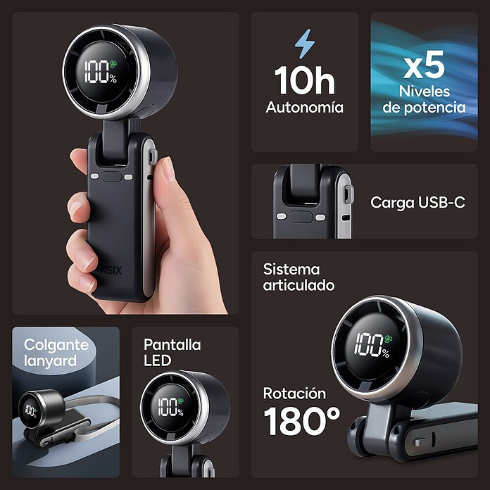 Ventilador de mano Flex 5 Negro KSIX (5,2 x 6 x 17,1 cm, Duración de la batería: 2 h - 10 h) | BAUHAUS