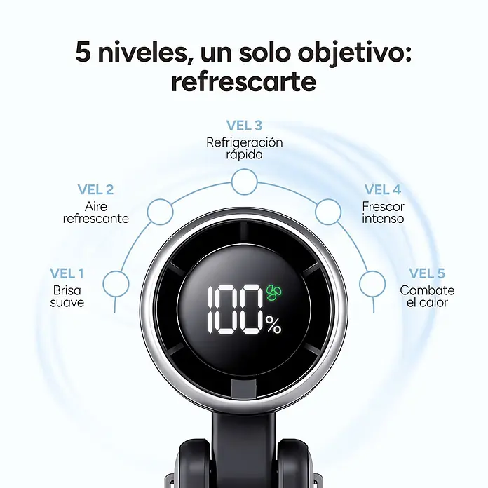 Ksix Ventilador USB de mano Flex 5 Negro KSIX - 5,2 x 6 x 17,1 cm, Duración de la batería: 2 h - 10 h - Ventilador portátil negro y cromado con pantalla digital, que ilustra sus 5 niveles de refrigeración.