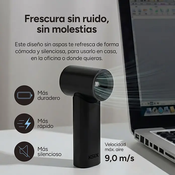 Ksix Ventilador de batería de mano AirGo Turbo KSIX Negro - 4 W, Negro, Duración de la batería: 2 h - 8 h - Ventilador sin aspas KSIX negro junto a un portátil, diseñado para una refrigeración personal silenciosa y potente (9,0 m/s).