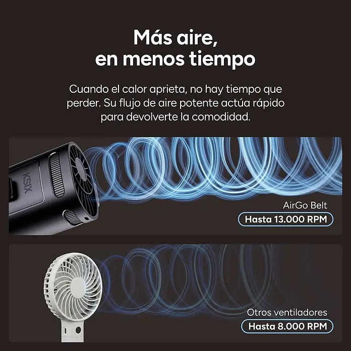 Ventilador USB colgante Airgo Belt 4 - Duración de la batería: 1 h - 8 h - KSIX AirGo Belt negro con potente flujo de aire (13.000 RPM), contrastando con un ventilador estándar (8.000 RPM).