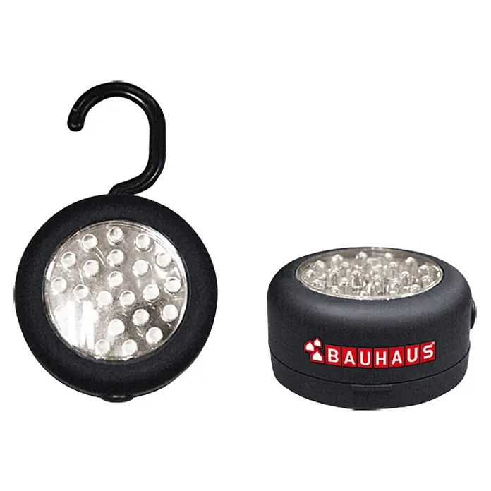 BAUHAUS Lámpara de camping - 120 lm, IP20 - Luz de trabajo LED con gancho y una luz LED con el logo de Bauhaus, ideal para taller y obra.