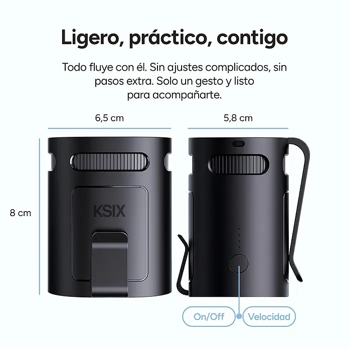 Ventilador USB colgante Airgo Belt 4 - Duración de la batería: 1 h - 8 h - Dispositivo portátil KSIX negro con clip, de 8 cm de alto, mostrando botones de encendido/apagado y velocidad con luces indicadoras.