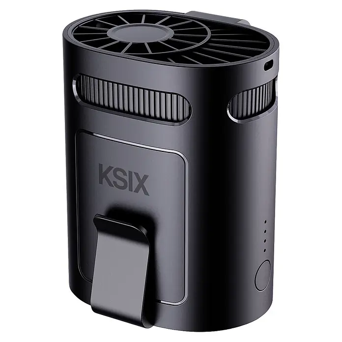 Ventilador USB colgante Airgo Belt 4 - Duración de la batería: 1 h - 8 h - Dispositivo KSIX negro y portátil con ventilador superior, rejillas laterales y clip trasero. Con indicadores de batería y botón.