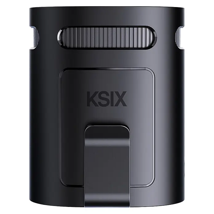 Ventilador USB colgante Airgo Belt 4 - Duración de la batería: 1 h - 8 h - Dispositivo cilíndrico negro KSIX con rejilla acanalada y clip trasero.