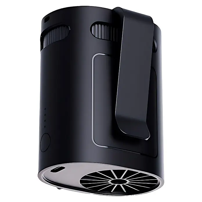 Ventilador USB colgante Airgo Belt 4 - Duración de la batería: 1 h - 8 h - Dispositivo de aire portátil negro mate con clip integrado, rejillas superiores, indicadores laterales y una rejilla de ventilador plateada en la base.