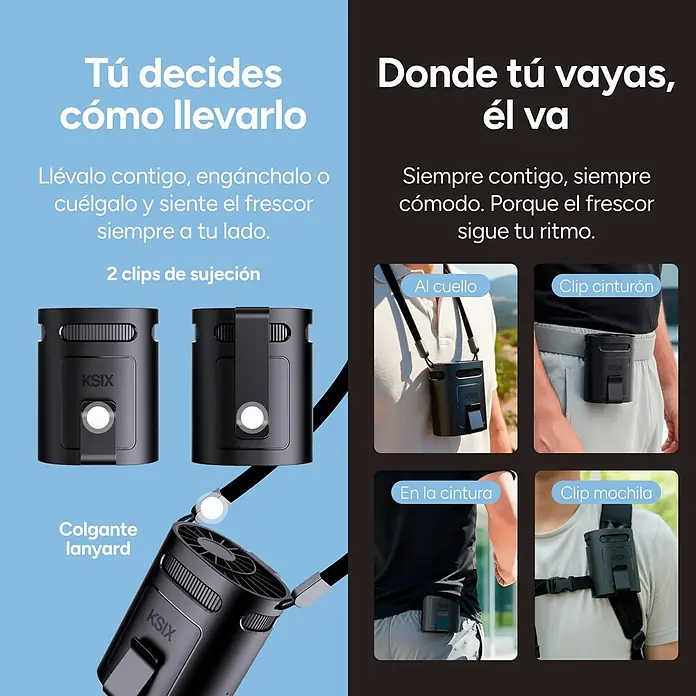 Ventilador USB colgante Airgo Belt 4 - Duración de la batería: 1 h - 8 h - Ventilador portátil KSIX negro. Muestra múltiples opciones de transporte: dos clips, un cordón, llevado al cuello, en el cinturón, la cintura y la mochila.