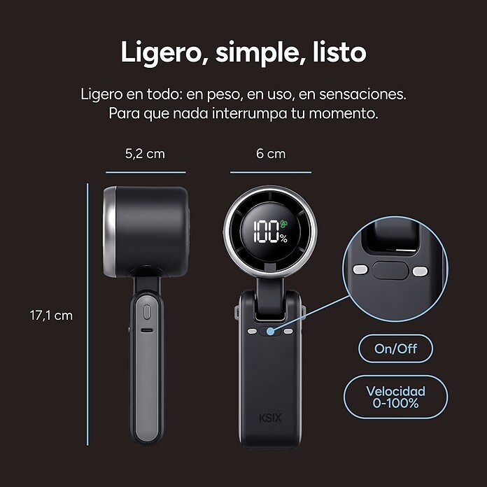 Ventilador de mano Flex 5 Negro KSIX (5,2 x 6 x 17,1 cm, Duración de la batería: 2 h - 10 h) | BAUHAUS