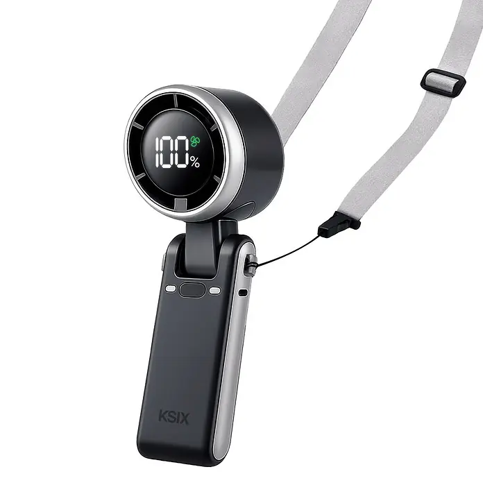 Ksix Ventilador USB de mano Flex 5 Negro KSIX - 5,2 x 6 x 17,1 cm, Duración de la batería: 2 h - 10 h - Ventilador de cuello portátil negro y plateado con pantalla digital y correa gris ajustable para enfriamiento manos libres.